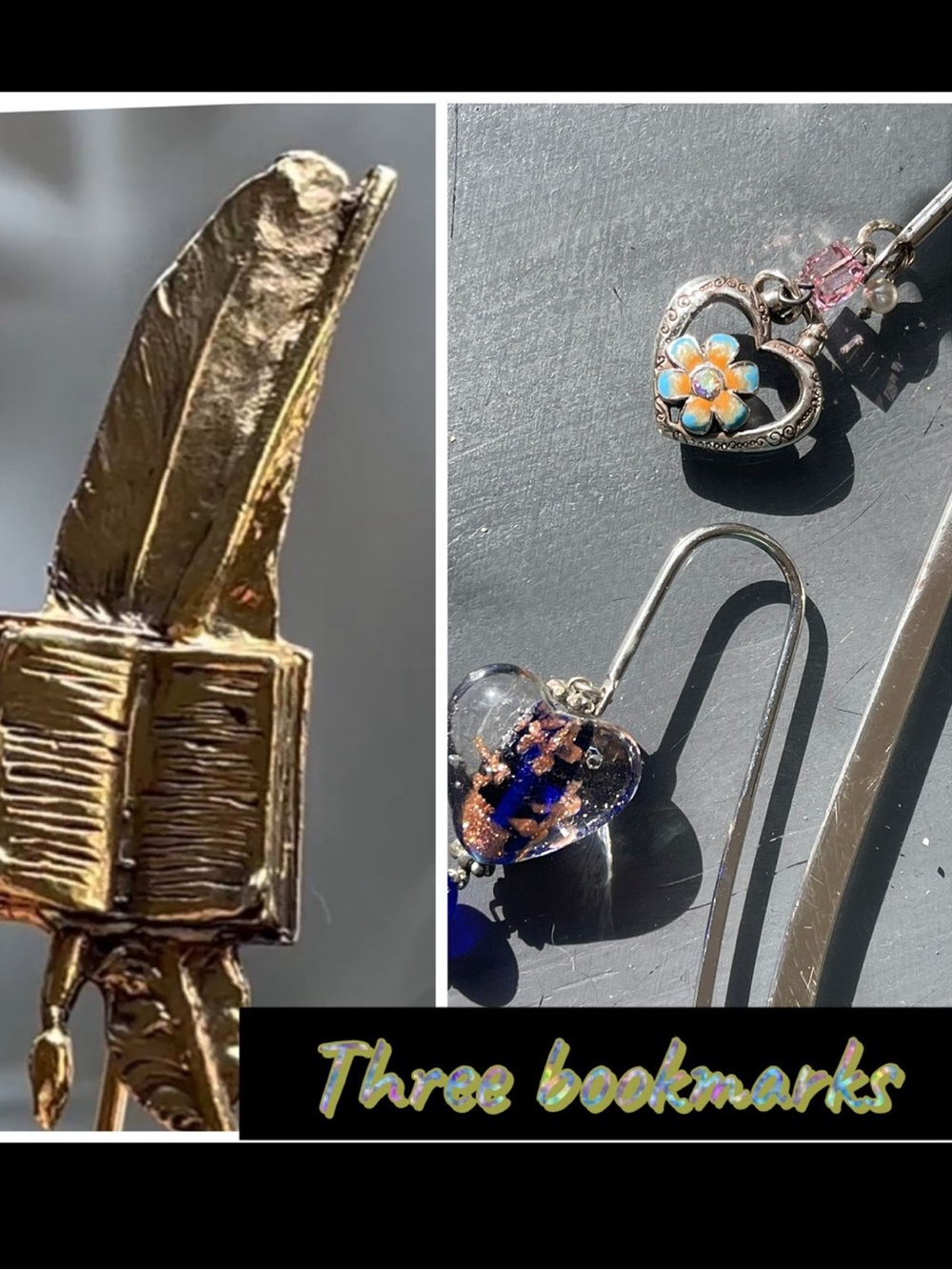 Three Bookmark Set: Gold Feather (Made in France), Flower (Brighton), Heart